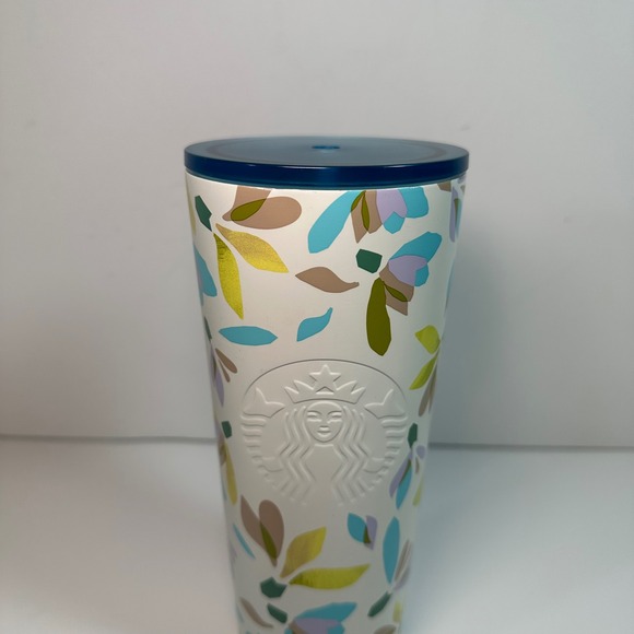 Starbucks 2023 Floral Leaf Cold Cup Tumbler 24oz White Blue Gold Stainless Steel - Picture 2 of 6